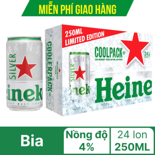 Thùng 24 lon bia Heineken lùn Bạc 250ml