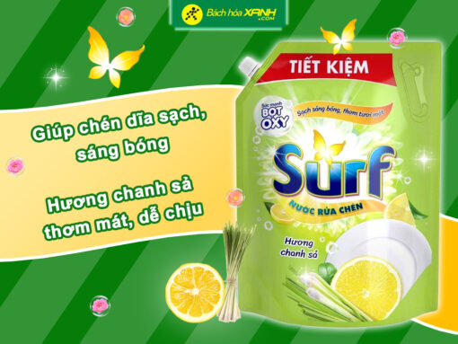 Nước rửa chén Surf hương chanh sả sạch sáng bóng thơm tươi mát túi 3.38 lít