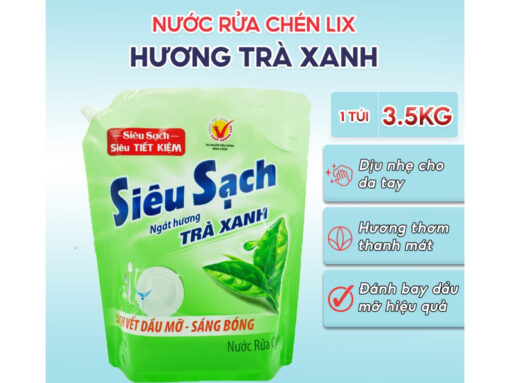 Nước rửa chén Lix siêu sạch hương trà xanh túi 3.43 lít