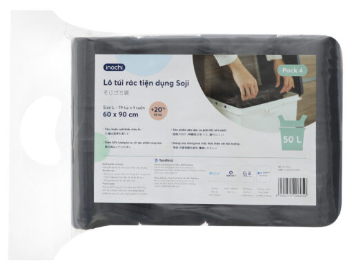 4 cuộn túi đựng rác đen quai xách Inochi 60x90cm - Hình ảnh 2