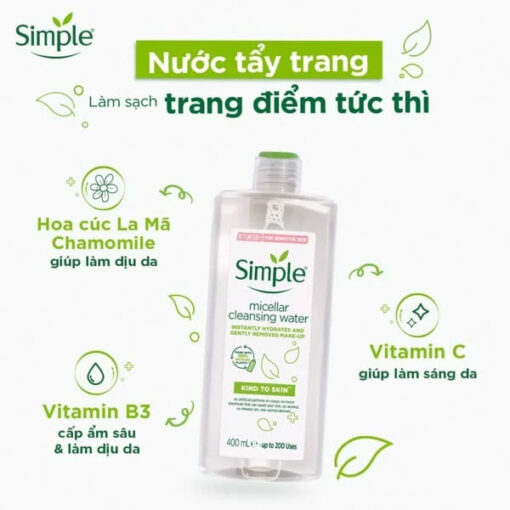 Combo Mua 2 chai Nước tẩy trang Simple Micellar làm sạch trang điểm vượt trội 200ml + tặng 1 chai ntt 200ml [CHÍNH HÃNG ĐỘC QUYỀN] - Hình ảnh 3