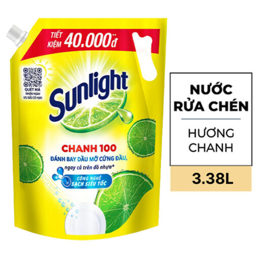 Nước rửa chén Sunlight Chanh 100 đánh bay dầu mỡ cứng đầu túi 3.38 lít