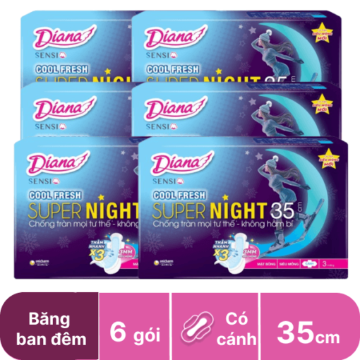 Lốc 6 gói băng vệ sinh ban đêm Diana Cool Fresh có cánh 3 miếng