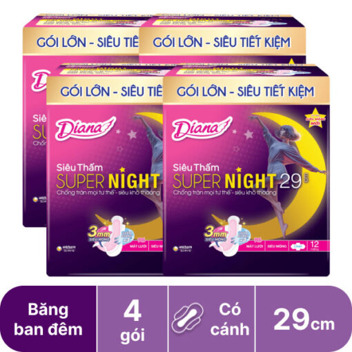 Lốc 4 gói băng vệ sinh ban đêm Diana Super Night siêu thấm chống tràn có cánh 12 miếng