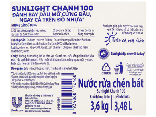Nước rửa chén Sunlight Chanh 100 đánh bay dầu mỡ cứng đầu can 3.48 lít - Hình ảnh 5