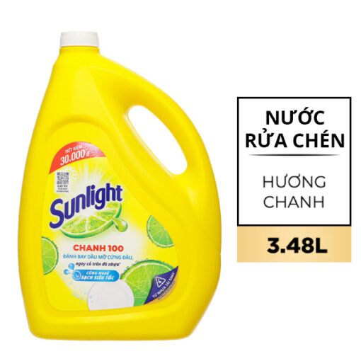 Nước rửa chén Sunlight Chanh 100 đánh bay dầu mỡ cứng đầu can 3.48 lít
