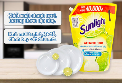Nước rửa chén Sunlight Chanh 100 đánh bay dầu mỡ cứng đầu túi 3.38 lít - Hình ảnh 2