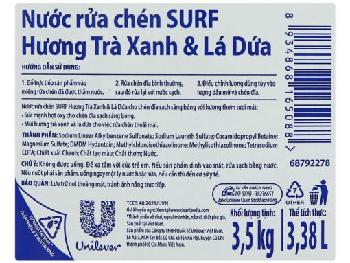 Nước rửa chén Surf trà xanh và lá dứa can 3.38 lít - Hình ảnh 4