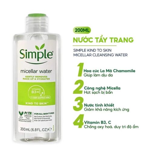 Combo Mua 2 chai Nước tẩy trang Simple Micellar làm sạch trang điểm vượt trội 200ml + tặng 1 chai ntt 200ml [CHÍNH HÃNG ĐỘC QUYỀN] - Hình ảnh 5