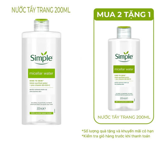 Combo Mua 2 chai Nước tẩy trang Simple Micellar làm sạch trang điểm vượt trội 200ml + tặng 1 chai ntt 200ml [CHÍNH HÃNG ĐỘC QUYỀN]